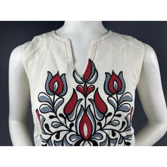 Vtg Royal Miss Fashion Rayon Floral Shift Dress Cream Red Gray Pullover Sz 13-14 - Picture 5 of 16